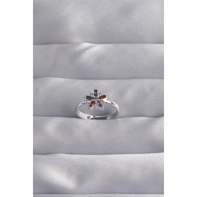 BFS Pirinç Gümüş Renk Renkli Zirkon Taşlı Ayarlamalı Yüzük