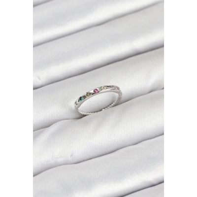 BFS Pirinç Gümüş Renk Renkli Zirkon Taşlı Kadın Yüzük