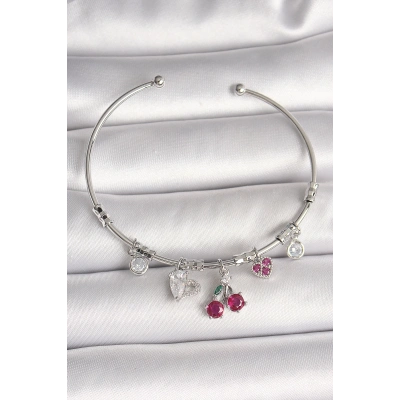BFS Pirinç Gümüş Renk Sallantı Kiraz Figür Kalp Detay Charm Kadın Bileklik