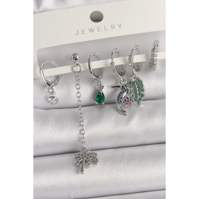 BFS Pirinç Gümüş Renk Sallantı Zirkon Taşlı Ağaç Figür Çoklu Kadın Küpe Seti