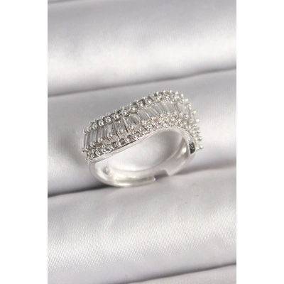 BFS Pirinç Gümüş Renk Su Yolu Zirkon Dalga Model Ayarlanabilir Kadın Yüzük