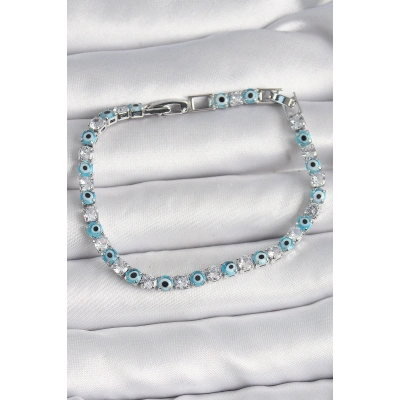 BFS Pirinç Gümüş Renk Su Yolu Zirkon Taşlı Nazar Boncuklu Kadın Bileklik