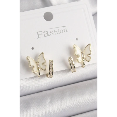 BFS Pirinç Gümüş Renk Zirkon Taş Detaylı Beyaz Sedefli Kelebek Model Kadın Küpe