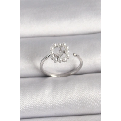 BFS Pirinç Gümüş Renk Zirkon Taş Detaylı İncili Ayarlanabilir Yüzük