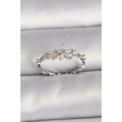 BFS Pirinç Gümüş Renk Zirkon Taşlı Çiçek Model Ayarlanabilir Yüzük