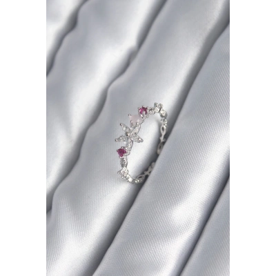 BFS Pirinç Gümüş Renk Zirkon Taşlı Çiçek Model Pembe Zirkon Taş Detay Kadın Yüzük