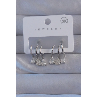 BFS Pirinç Gümüş Renk Zirkon Taşlı Damla Model Çoklu Görünüm Yarım Halka Küpe