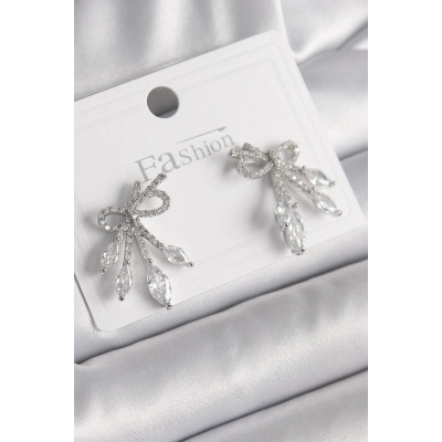 BFS Pirinç Gümüş Renk Zirkon Taşlı Düğüm Model Damla Zirkon Taşlı Kadın Küpe