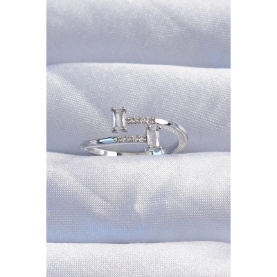 BFS Pirinç Gümüş Renk Zirkon Taşlı Geometrik Ayarlanabilir Yüzük