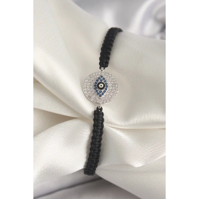 BFS Pirinç Gümüş Renk Zirkon Taşlı Göz İşlemeli Figür Asansörlü Makrome Model Kadın Bileklik