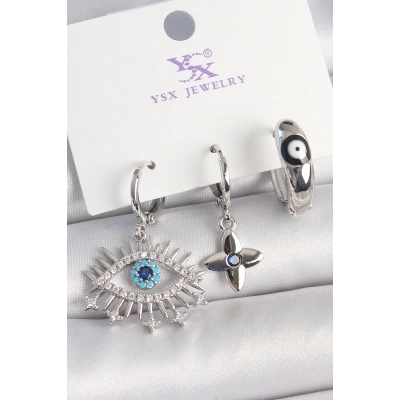 BFS Pirinç Gümüş Renk Zirkon Taşlı Göz Model Nazar Boncuk Detay 3Lü Kadın Kombin Küpe