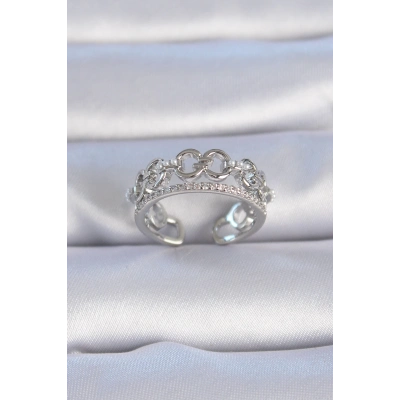 BFS Pirinç Gümüş Renk Zirkon Taşlı İnci Detay Kadın Yüzük