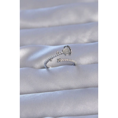 BFS Pirinç Gümüş Renk Zirkon Taşlı İncili Satürn Model Ayarlanabilir Yüzük