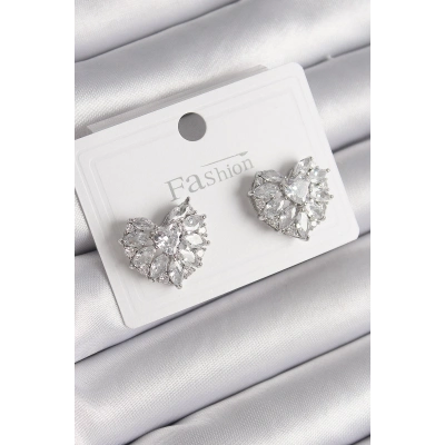 BFS Pirinç Gümüş Renk Zirkon Taşlı Kalp Model Kadın Küpe