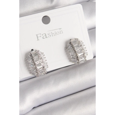 BFS Pirinç Gümüş Renk Zirkon Taşlı Kaplumbağa Kabuğu Model Kadın Küpe