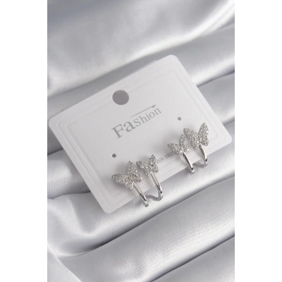 BFS Pirinç Gümüş Renk Zirkon Taşlı Kelebek Model Kadın Küpe