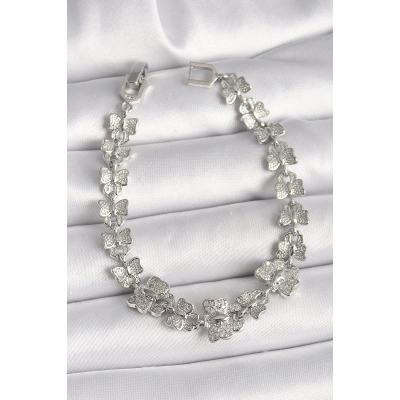 BFS Pirinç Gümüş Renk Zirkon Taşlı Kelebek Model Zincir Kadın Bileklik