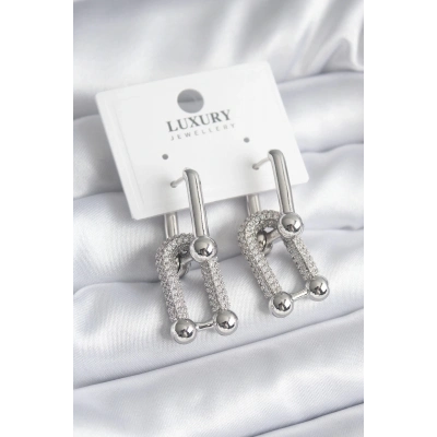 BFS Pirinç Gümüş Renk Zirkon Taşlı Model VIP Seri Kadın Küpe