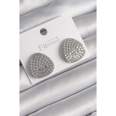 BFS Pirinç Gümüş Renk Zirkon Taşlı Plaka Model Kadın Küpe