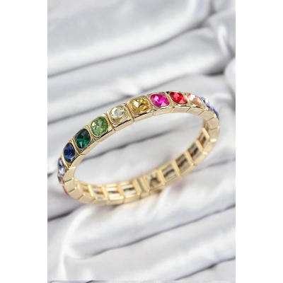 BFS Pirinç Karışık Zirkon Taşlı Kare Model Gold Renk Lastikli Kadın Bileklik