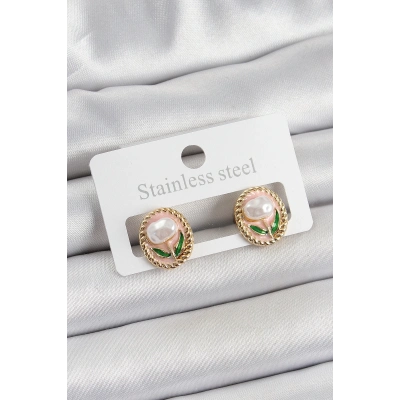 BFS Pirinç Pembe Mineli Lale Figürlü Sanatsal Portre Model Gold Renk Kadın Küpe