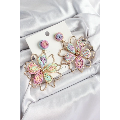 BFS Pirinç Rainbow Çiçek Model Gold Renk Kadın Hasır Küpe