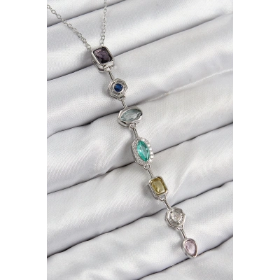 BFS Pirinç Renkli Zirkon Taşlı Model Gümüş Renk Kadın Y Kolye