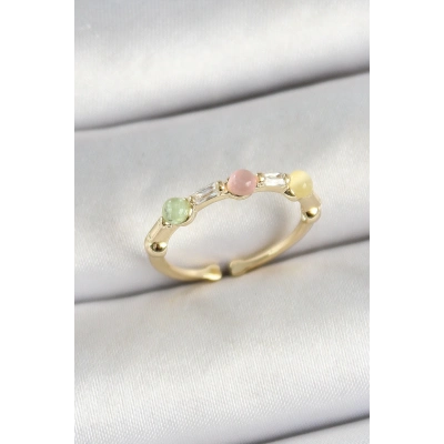 BFS Pirinç Sıralı Boncuk Figürlü Zirkon Taşlı Gold Renk Ayarlanabilir Kadın Yüzük