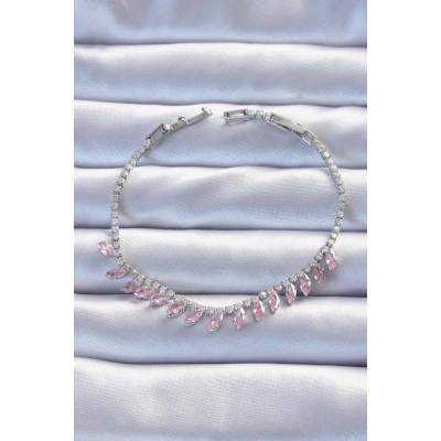 BFS Pirinç Vip Seri Gümüş Renk Pembe Zirkon Taşlı Bileklik