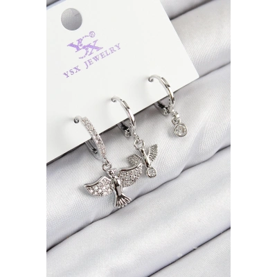 BFS Pirinç Zirkon Taşlı 3lü Kuş Model Gümüş Renk Kadın Küpe