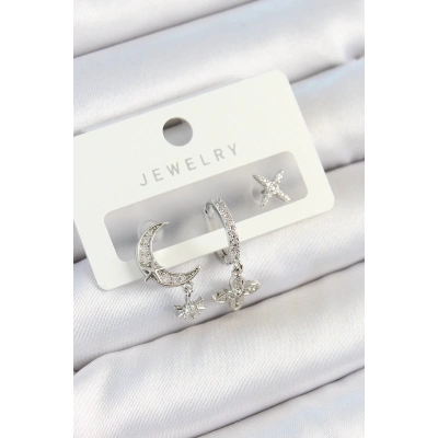 BFS Pirinç Zirkon Taşlı Çiçek Ve Ay Model Gümüş Renk 3lü Çift Kadın Küpe Set