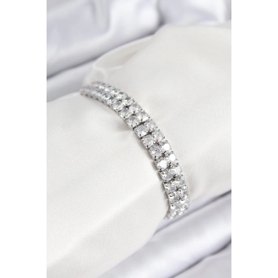 BFS Pirinç Zirkon Taşlı Çift Sıra Kare Model Gümüş Renk Asansörlü Kadın Bileklik