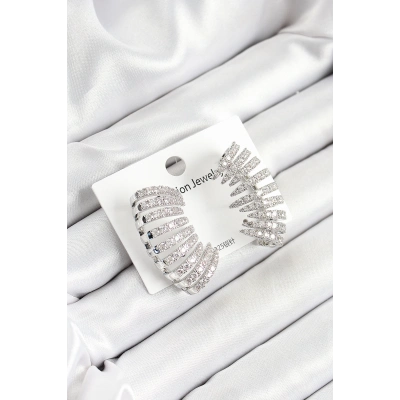 BFS Pirinç Zirkon Taşlı Çoklu Görünümlü Model Gümüş Renk Kadın Küpe