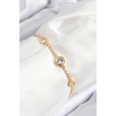 BFS Pirinç Zirkon Taşlı Daire Model Gold Renk Asansörlü Kadın Bileklik