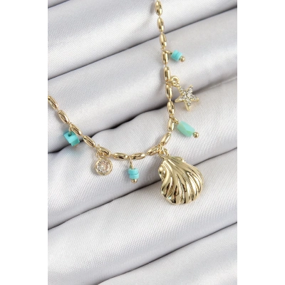 BFS Pirinç Zirkon Taşlı Deniz Kabuğu Model Gold Renk Kadın Kolye