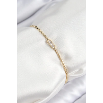 BFS Pirinç Zirkon Taşlı Dikdörtgen Model Ezme Zincir Gold Renk Kadın Bileklik