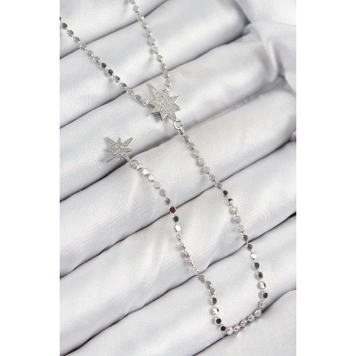 BFS Pirinç Zirkon Taşlı Ezme Zincirli Kutup Yıldızı Model Gümüş Renk Y Kolye