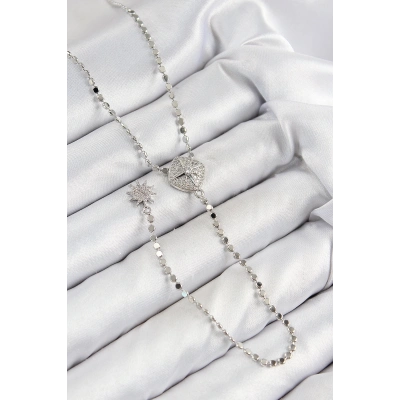 BFS Pirinç Zirkon Taşlı Ezme Zincirli Madalyon Model Gümüş Renk Y Kolye