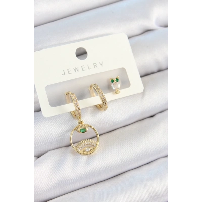 BFS Pirinç Zirkon Taşlı Göz Ve Baykuş Model Gold Renk 3lü Çift Kadın Küpe Set