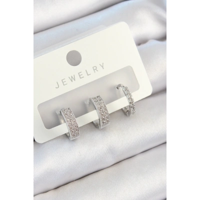 BFS Pirinç Zirkon Taşlı Halka Model Gümüş Renk 3lü Çift Kadın Küpe Set