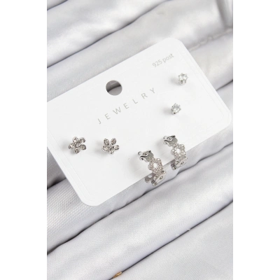 BFS Pirinç Zirkon Taşlı Halka Model Gümüş Renk 925 Ayar Gümüş Çivi Kadın Küpe Set