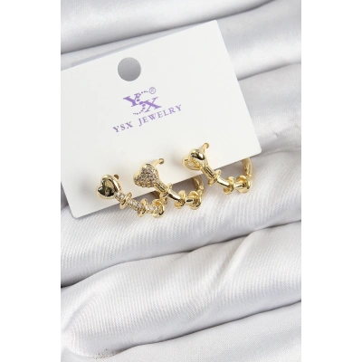 BFS Pirinç Zİrkon Taşlı Kalp Model Gold Renk 3lü Kadın Küpe