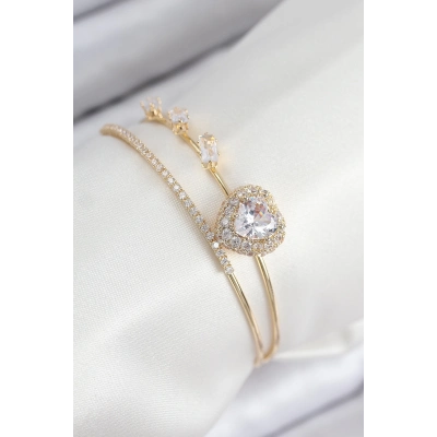 BFS Pirinç Zirkon Taşlı Kalp Model Gold Renk Kadın Bileklik