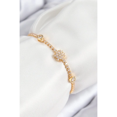 BFS Pirinç Zirkon Taşlı Kar Tanesi Model Gold Renk Asansörlü Kadın Bileklik