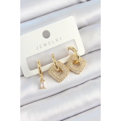 BFS Pirinç Zirkon Taşlı Kare Model Gold Renk 3lü Çift Kadın Küpe Set