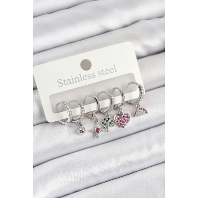 BFS Pirinç Zirkon Taşlı Karpuz Yonca Kalp Pusula Karışık Model Gümüş Renk 6lı Set Kadın Küpe