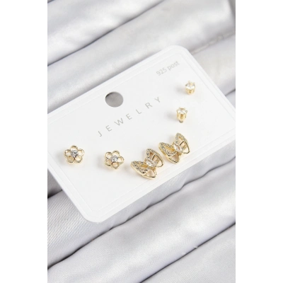 BFS Pirinç Zirkon Taşlı Kelebek Model Gold Renk 925 Ayar Gümüş Çivi Kadın Küpe Set