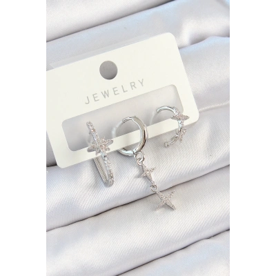 BFS Pirinç Zirkon Taşlı Kelebek Ve Sallantılı Yıldız Model Gümüş Renk 3lü Çift Kadın Küpe Set