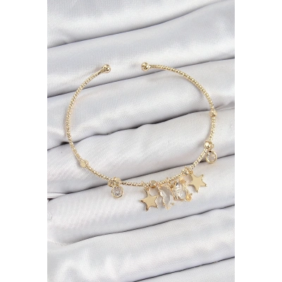 BFS Pirinç Zirkon Taşlı Kelebek Ve Yıldız Model Gold Renk Charm Bileklik