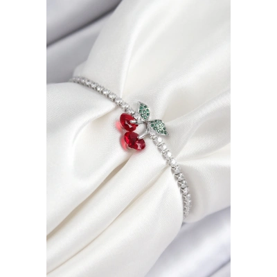 BFS Pirinç Zirkon Taşlı Kiraz Model Gümüş Renk Asansörlü Kadın Bileklik